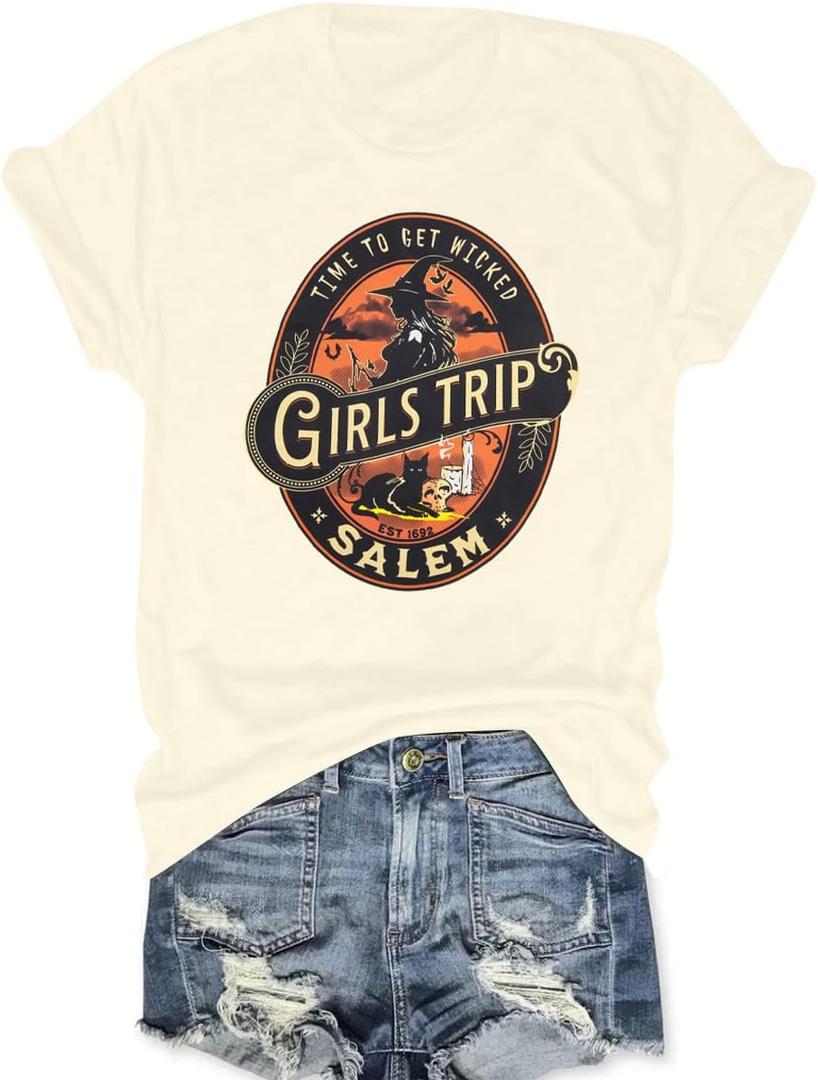 Halloween Shirt Salem Witch Shirt: Women Girls Trip Salem Tshirt Funny Halloween Tees (Medium, Apricot)