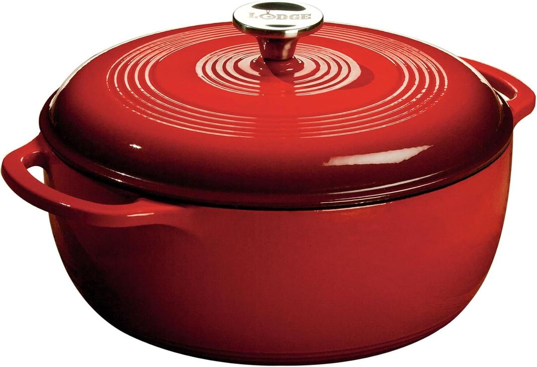 Lodge Essential Enamel Cast Iron Dutch Oven - Perfect for Bread Baking, Braising, Marinating & Slow Cooking - Features Moisture-Sealing Lid & Dual Handles - Kitchen Essentials - 6 Quarts - Island Spice Red