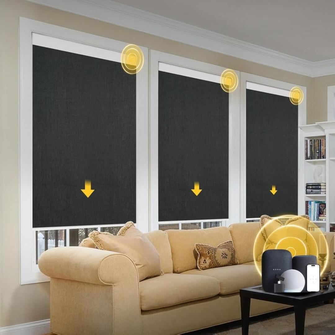 Motorized Blinds with Remote, Grasscloth Fabric Smart Blinds with Valance Cover, Cordless Automatic Roller Shades, Blackout Electric Blinds for Windows,Black 24" W x 72" H