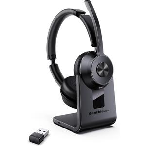 Bluetooth Headset V5.1, Wireless Headset with Noise Canceling Microphone, 40 Hrs Work Time Office Headset with Bluetooth Dongle & Charging Base, AptX HD On-Ear Headphones with Mute Button (Black)