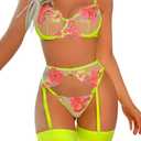 Kaei&Shi Floral Embroidered, Underwire, G-String, Garter Belt, 4 Pieces Lingerie (12, Fluorescent Green)