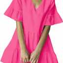 FANCYINN Womens V Neck Cute Shift Dress with Pockets Bell Sleeve Ruffle Hem Loose Swing Summer Tunic Mini Dress XL