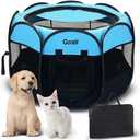Dog Playpen Portable Collapsible, Indoor Outdoor Pet Puppy Exercise Playpens Case with Zipper Door Top Cover Floor for Large Cat Rabbit Travel Camping (Small Size, Black/Blue)