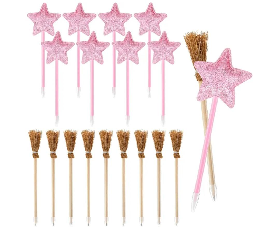 Geyoga 20 Pcs Witch Party Favors Broom Pencils and Star Ballpoint Pens for Wizard Theme Party Decorations Goodie Bags Stuffers Carnival Prizes Birthday Gifts Treats