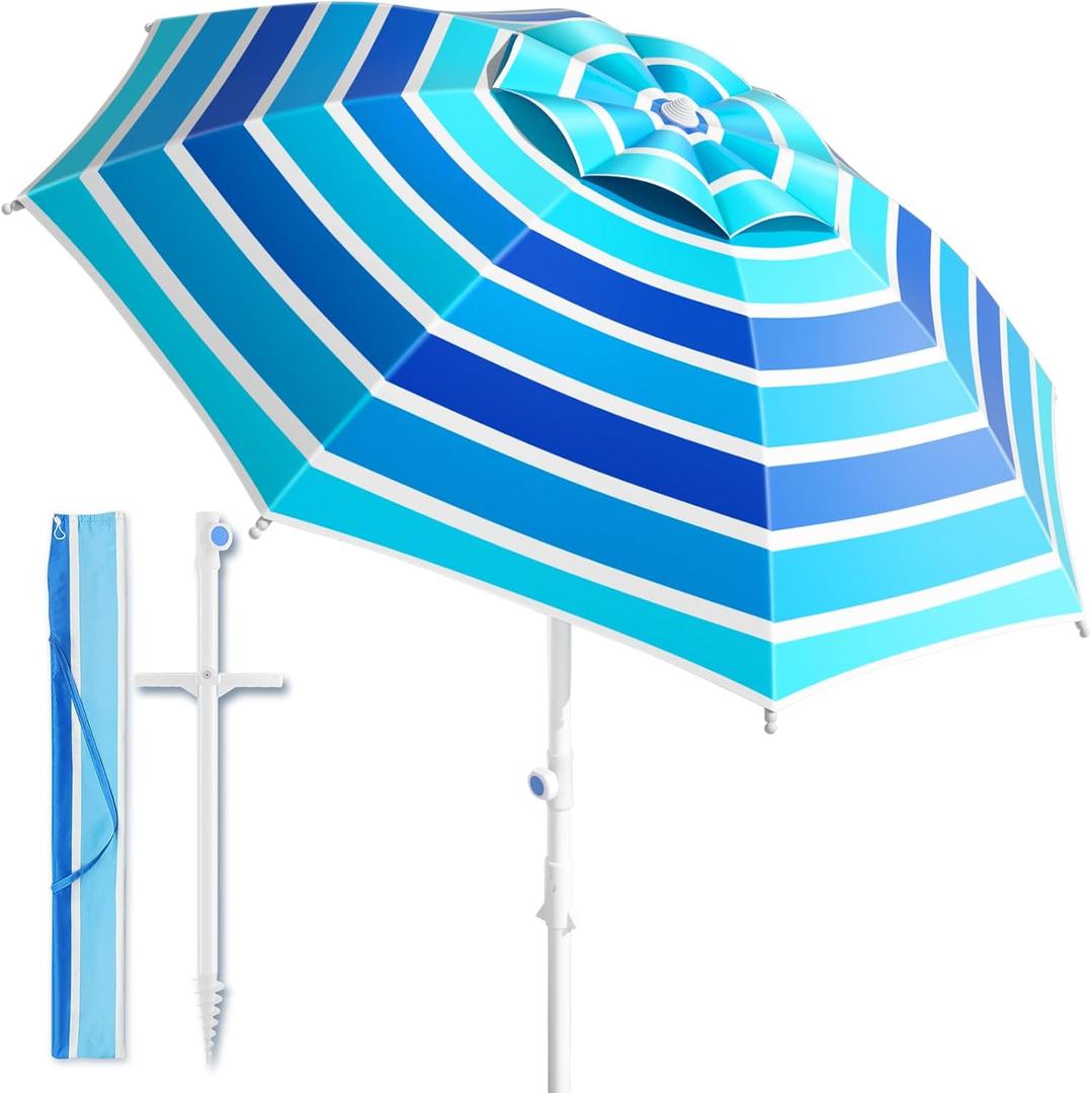 8FT. Large Beach Umbrella with Heavy Duty Sand Anchor & Tilt Sun Shelter, UPF50+ UV Protection, Wind Resistance, Waterproof Canopy, Portable for Beach Outdoor Patio Yard Garden Pool