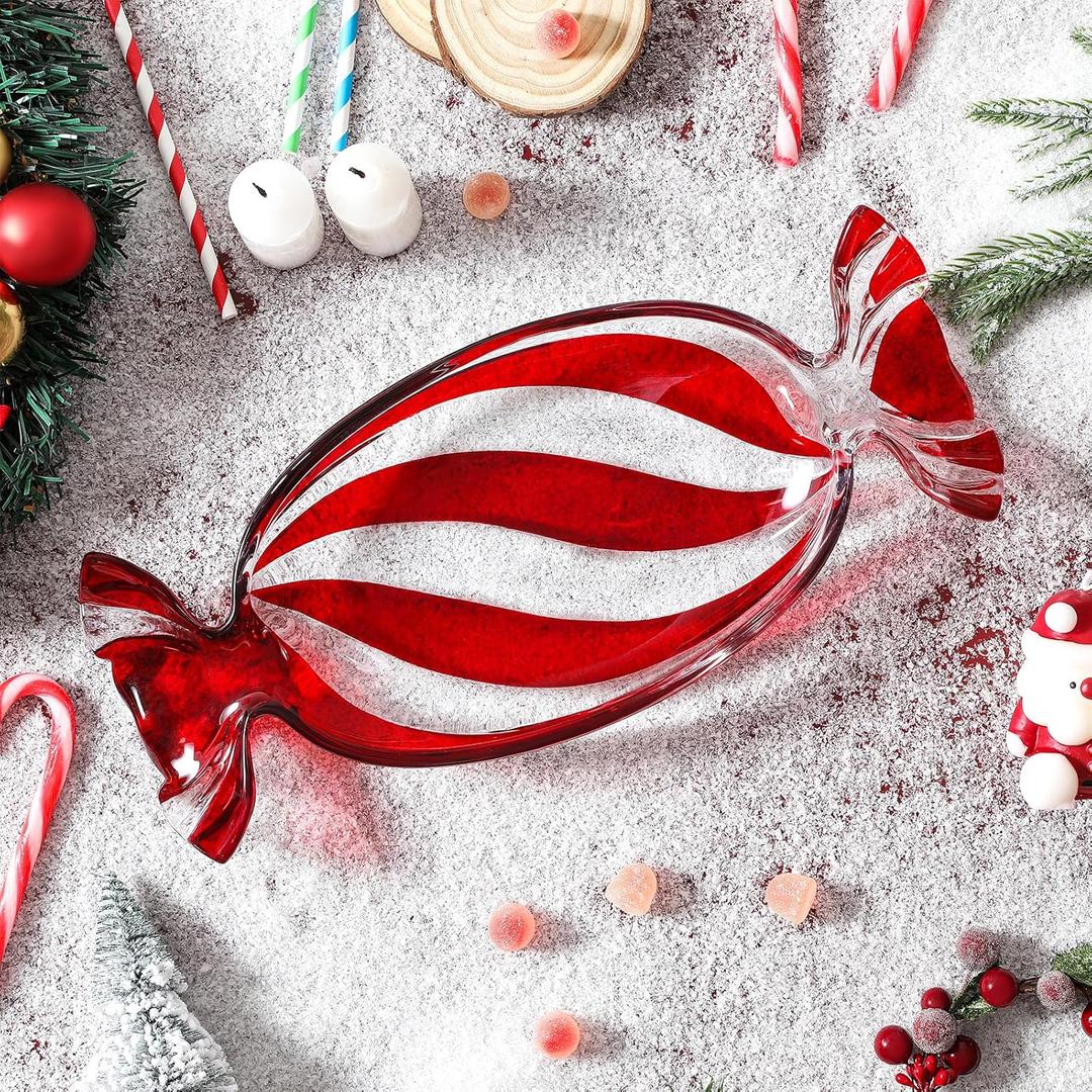 Christmas Candy Glass Plate, Christmas Theme Serving Tray for Holiday Desserts, Cookies & Candy Display, Festive Party Bowl, Red XMAS Decorations Long 9.2x4.3 Inch