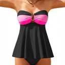 XUNYU Strapless Tankini Swimsuits for Women 2 Piece High Waisted Tummy Control Bathing Suit Bandeau Full Coverage Swimwear (Large, Black Pink Bikini Sets)
