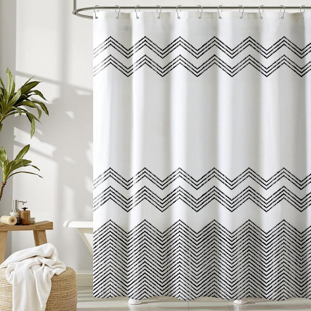 Printed Shower Curtain Set: Hand-Drawn Chevron Modern Geometric Shower Curtain, Zigzag Pattern Waterproof Fabric, Bohemian Bathtub Bathroom Decorations Home Dcor with Hooks, 72" x 72"