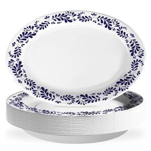 Grencian 100Pcs Mexican Talaver Oval Paper Plates 10" x 12" Large Heavy Duty De Barro Mexicanos Plates White Blue Floral Clay Dessert Platters for Mexican Party Birthday Wedding Party Decoration