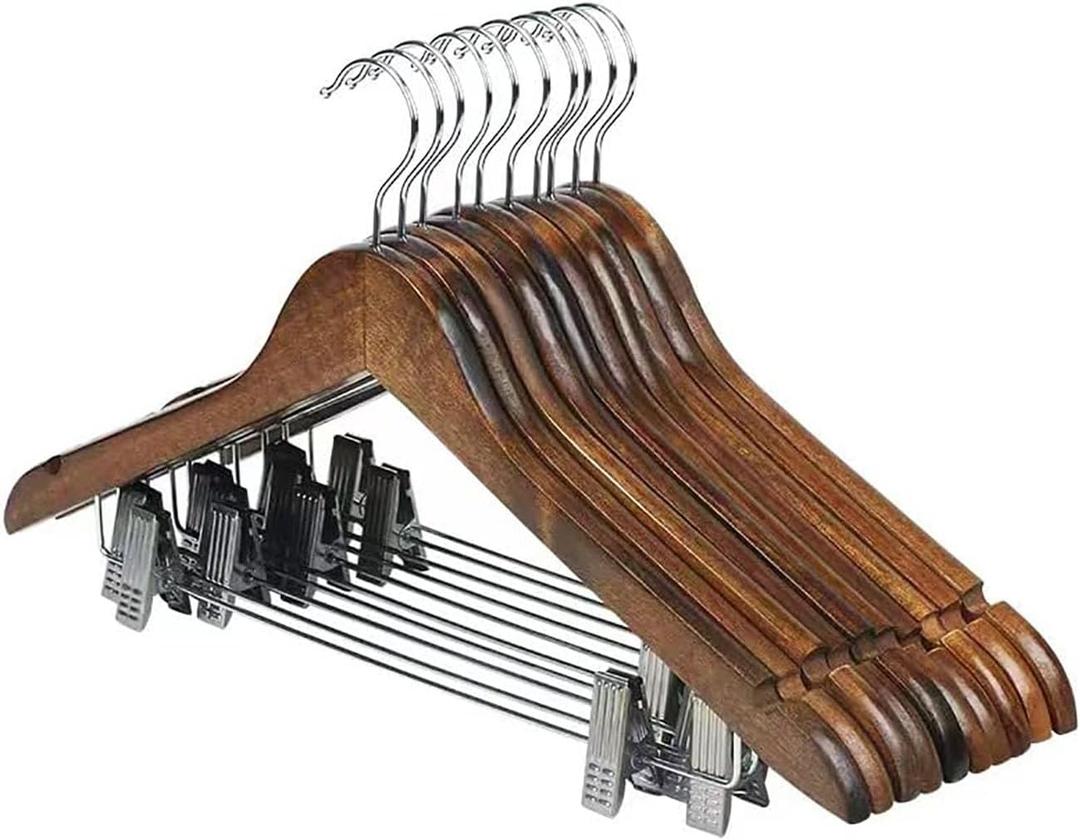 10 Pack Wooden Hangers with Clips High-Grade Wooden Suit Hangers Skirt Hangers with Clips S Wood Hanger with Durable Metal Clips for Blouse, Dress, Coat, Jacket (Vintage)