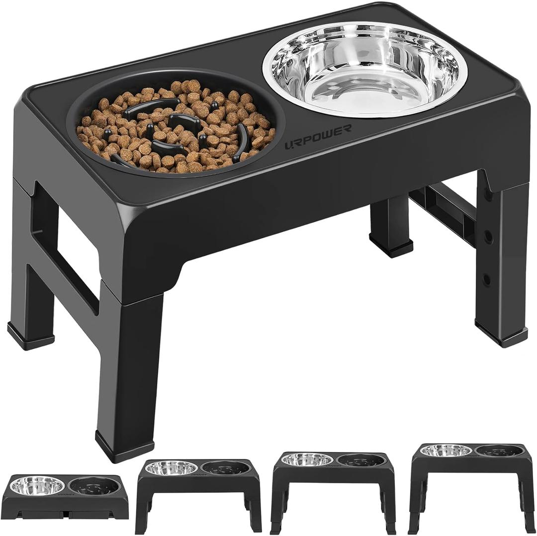 URPOWER Raised Slow Feeder Dog Bowls 4 Height Adjustable Elevated Bowl Stand with Stainless Steel Water Bowl and Slow Feeder Non-Slip Dog Food Bowls Stand for Small Medium Large Dogs and Pets (Black)