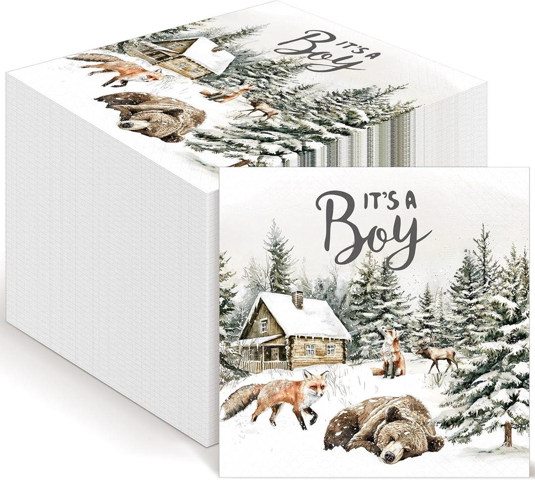 Tenceur 100 Pcs Winter It's a Boy Paper Napkins Forest Adventure Baby Shower Decorations Disposable Napkins Bear Fox Woodland House Shower Paper Towels for Boy Baby Party Supply Table Decor