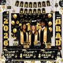 Crenics Black and Gold Graduation Decorations - Class of 2026 Backdrop, Banner, Tablecloth, Porch Banner, Haning Swirls, Honeycomb Centerpieces and Balloons for Graduation Party Supplies