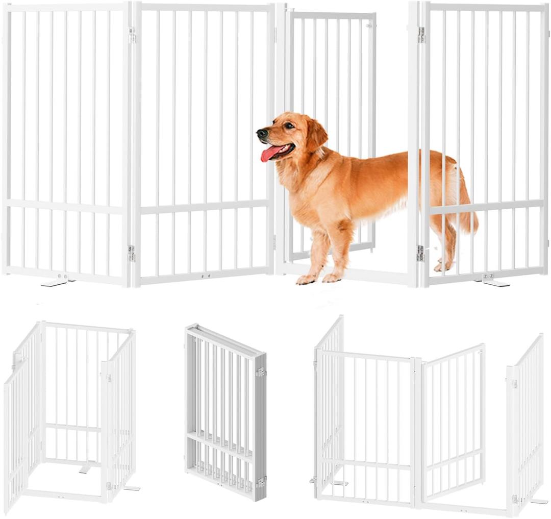 Full Metal Freestanding Dog Gate with Door, 32''Height Foldable Pet Dog Fence for Indoor & Outdoor, 4 Panels Extra Wide Free Standing TallDog Gates for Doorways,House,Stairs,Porch,Deck,Yard (White)