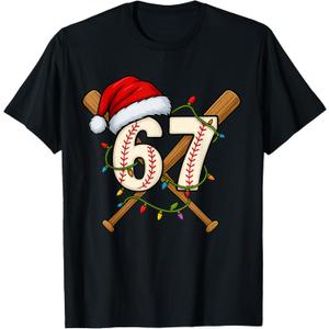 67 Baseball Xmas Lights Santa Hat Funny Holiday T-Shirt Small