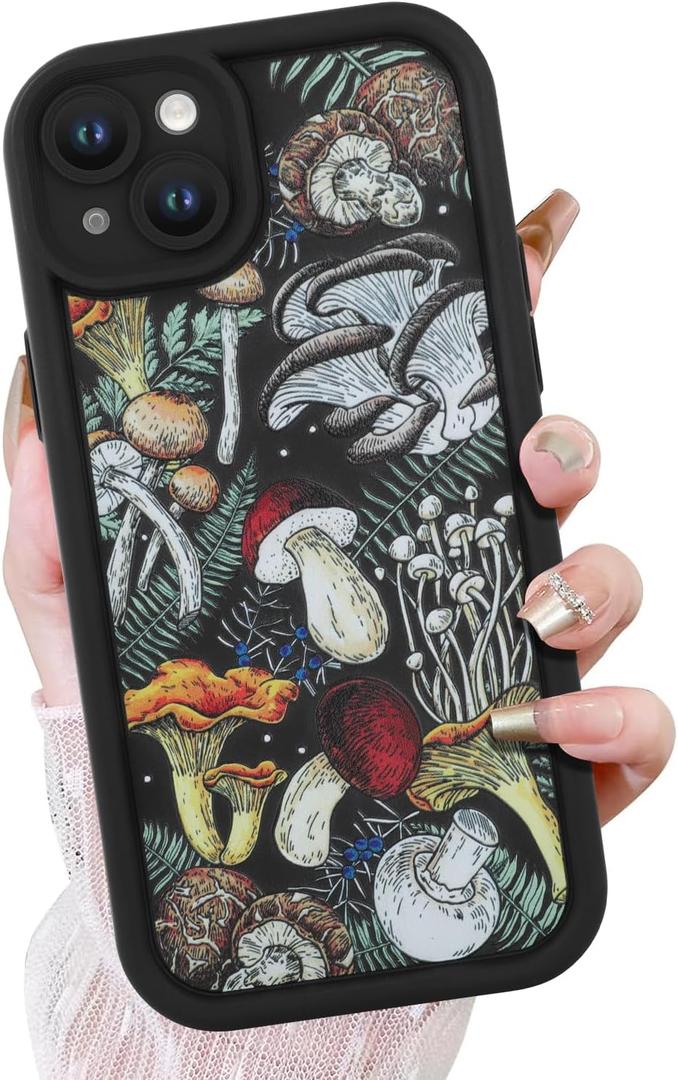 KANGHAR Black Case for iPhone 15 Plus Case, Cute Mushroom Art Design Soft TPU Shockproof Protective for Women Girls Slim Phone Cover