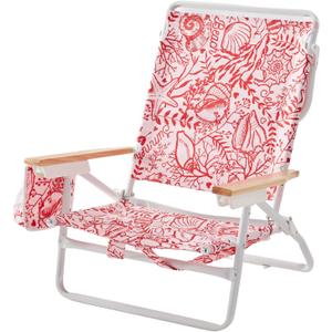 5-Position Low Beach Chair, Portable Lightweight Folding Beach Chair with Wooden Armrests, Storage Pouch & Carry Strap, Coastal Beach Print  Reef Crimson