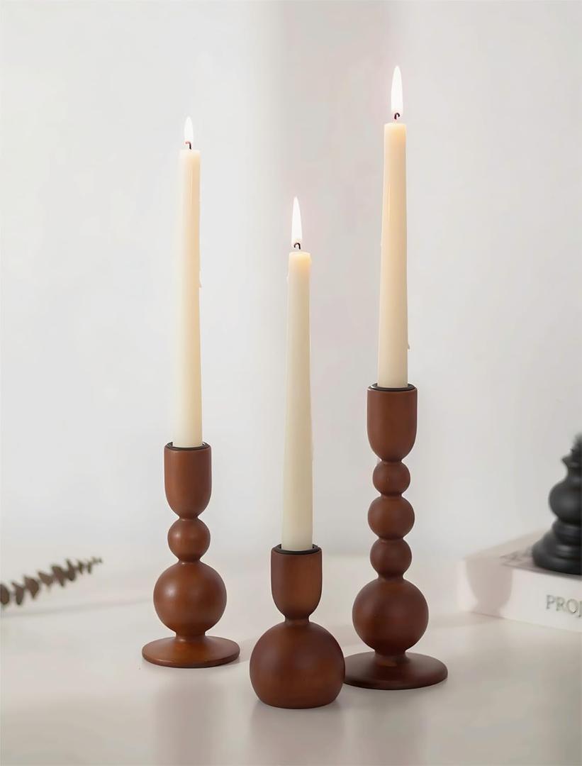 NUPTIO Candlestick Holders for Home Decor: Set of 3 Wood Taper Candle Holders for Thanksgiving Table Centerpieces - Mid Century Modern Caramel (Brown)