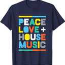 House Music T-Shirt: EDM DJ Shirt, Peace, Love & House Music T-Shirt 4X, Navy Blue
