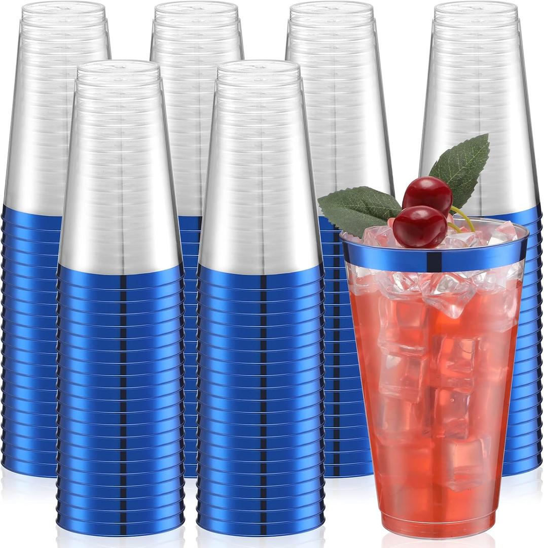 Patelai 100 Pcs 16oz Clear Plastic Cups with Rim Disposable Tumblers Heavy Duty Drinking Wine Glasses for Weddings, Easter, Graduation, Christmas Parties, Events(Blue)