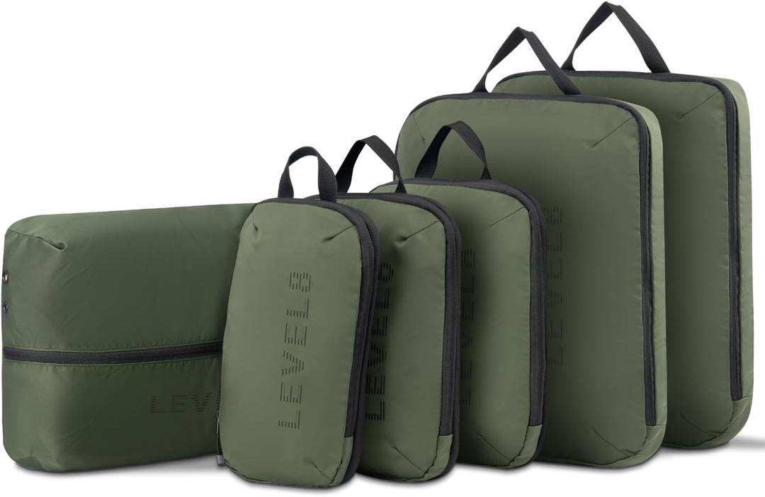 LEVEL8 Compression Packing Cubes for Suitcase, 6 Set Travel Bags with Shoe Organizer, Packing Organizers Travels Accessories in 4 Sizes (Extra Large, Large, Medium, Small), Green