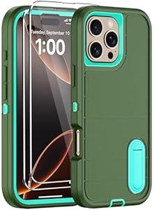 for iPhone 16 Pro Case with 2 Screen Protectors,Heavy Duty Shockproof Drop Protection Military Grade TriLayer Rugged Cell Phone Cover with Built-in Invisible Kickstand for Apple 16 Pro (Army Green)