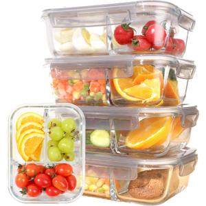 5-Pack Glass Storage Containers,Glass Food Container with Lid,Lunch Box,Bento Box,Storage Box,Meal Prep Containers,Lunch Containers,Fruit Preservation Boxes,Three-partition-Light Gray (3 Compartment)