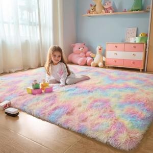 Rainbow 4x6 Kids Unicorn Rugs for Girls Bedroom, Soft Fluffy Shaggy Shag Washable Non Slip Fuzzy Plush Area Rug for Living Room, Pastel Princess Throw Furry Carpet for Nursery Baby Boys Dorm Playroom (4'x6')
