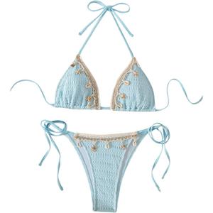SHENHE Women's Triangle Bikini 2 Piece Swimsuit Halter Shell Side Tie String Bikini Set (M, Mint Blue)