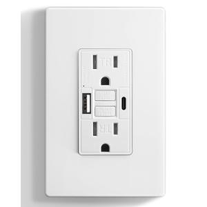 SURAIELEC 15 Amp GFCI Outlet with USB-C & USB-A Ports, GFCI Combo USB Outlet, 5V/4.8A Total Output, Tamper-Resistant Receptacle with USB Ports, Screwless Wall Plate, ETL Listed, White, 1-Pack