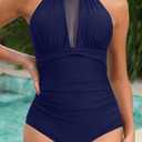 Tempt Me Women One Piece Swimsuit High Neck Plunge Ruched Tummy Control Bathing Suit (Blue, M)