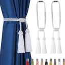 Fenghuangwu Magnetic Curtain Tiebacks 2 Pack Tassel Curtain Tieback Modern Handmade Tie Backs,Decorative Tassel Holdback for Draperies,Window Decor(White)