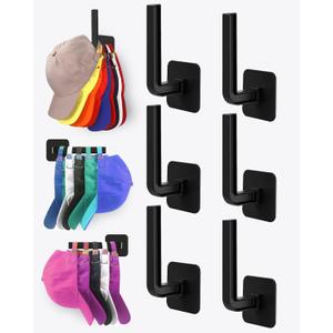 Hat Rack for Hat Storage (6-Pack), Multi-Purpose Hat Organizer, Strong Adhesive Hat Hooks for Wall Hat Organizer for Baseball Caps, Two Mounting Options Hat Hook, Black
