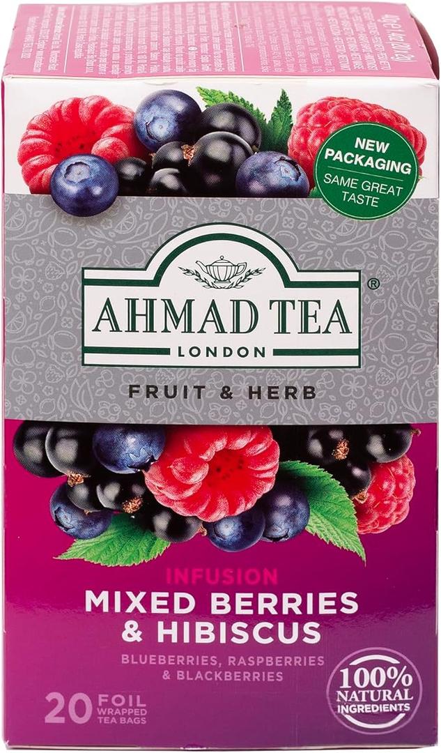 Ahmad Tea Herbal Tea, Mixed Berries & Hibiscus Teabags, Decaffeinated & Sugar-Free, 20 Count (Pack of 6) BBD: 03-096-29