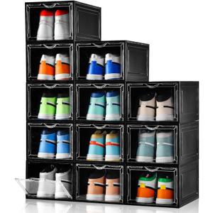 Clemate Upgraded X-Large Shoe Storage Box, 12 Pack, Shoe Box Clear Plastic Stackable, Drop Front Shoe Box with Clear Door, Shoe Organizer Containers For Sneaker Display, Fit up to US Size13, Black