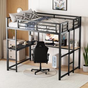 Full Size Loft Bed with L-Shaped Desk & 2 Ladder for Girls,Boys,Full Metal Loft Bed Frame with Safety Guardrail for Kids,No Box Spring Needed,Black