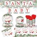 Zhehao 272 Pcs Santa Baby Shower Decorations Christmas Baby Shower Party Santa Tableware Set Disposable Tablecloths Plates Napkins Cups Forks Knives Spoons Banner for Party Decoration Supplies
