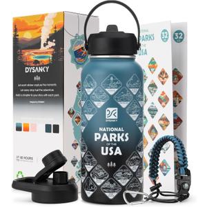 National Parks Water Bottle  32 oz Insulated Stainless Steel Water Jug with 63 Hand-Drawn Park Stickers, Outdoor Accessories & Gift Box  BPA-Free  Ideal for Hiking, Camping & Travel (Indigo/Black)
