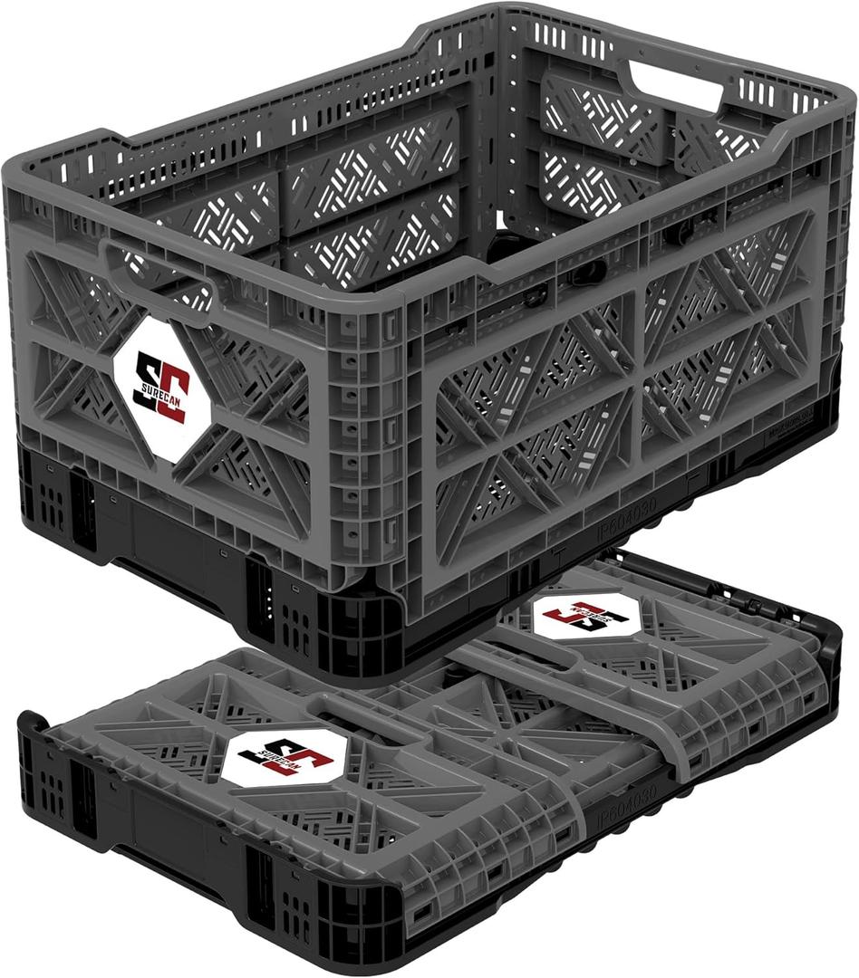 Surecan Heavy Duty Collapsible & Stackable Plastic Crate - Snap Lock Foldable Industrial Garage Storage Bin Container Utility Tote Basket