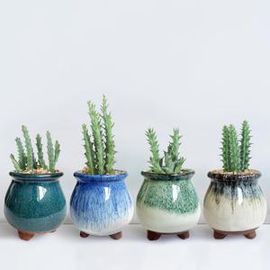 3 inch Glaze Handcraft Ceramic Pot Set, Small Succulent Planter with Drainage, Mini Cactus Pots Desk Shelf Decor, Cute Set of 4 Succulent Planter Pots