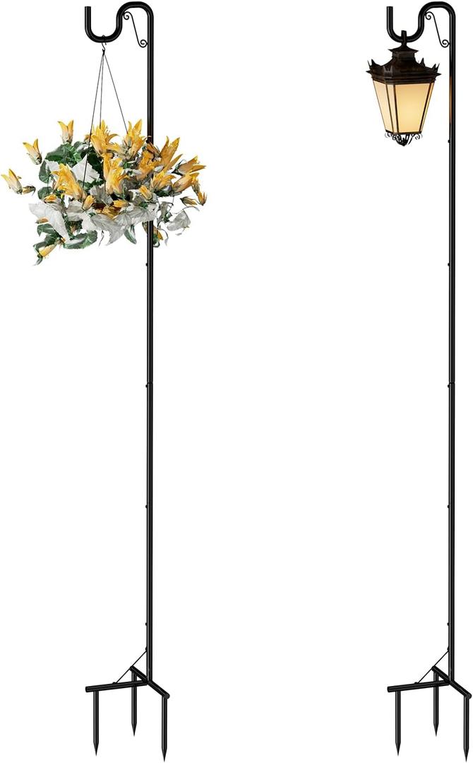 Shepards Hooks for Outdoor 2 Pack Bird Feeder Pole 92 Inch Tall Adjustable Heavy Duty Garden Plant Hangers with 3 Base Prongs for Hanging Plant Baskets, Solar Lights, Wedding Decor, Lanterns, Black