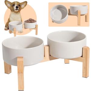 Elevated Dog Bowls Ceramic, 7'' Dogs and Cat Food Water Bowls Raised with Non-Slip Bamboo Stand for Medium Sized Breed Microwave Dishwasher Safe - 28.7 OZ,Grey