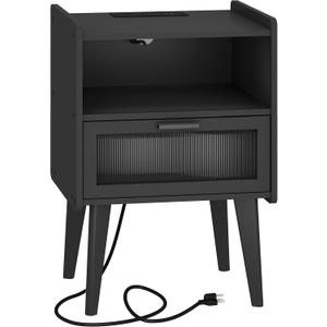 Nightstand with Charging Station, Bedside Tables, End Table Side Table with 2 Tiers Storage Space, for Bedroom, Living Room, Black 