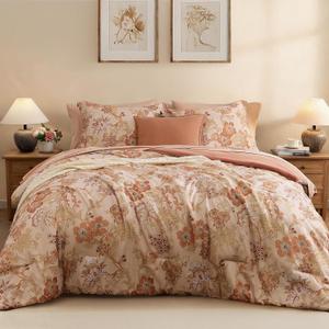 Queen Comforter Set-7 Pieces Terrecotta Floral Bed in a Bag | Floral Bedding Set for All Season, Soft Lightweight Cottage Queen Bedding Sets with Sheets, Pillowcases & Shams