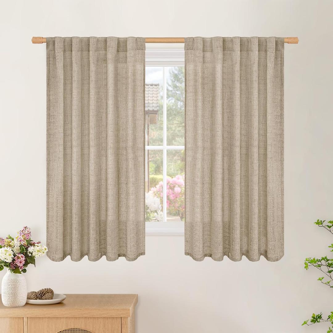 BGment Short Oatmeal Curtains 54 Inch Length for Living Room, Rod Pocket Linen Drapes Light Filtering for Bedroom Bathroom Back Tab Sheer Window Treatments, 2 Panels Set, 42 Inch Wide Each Panel