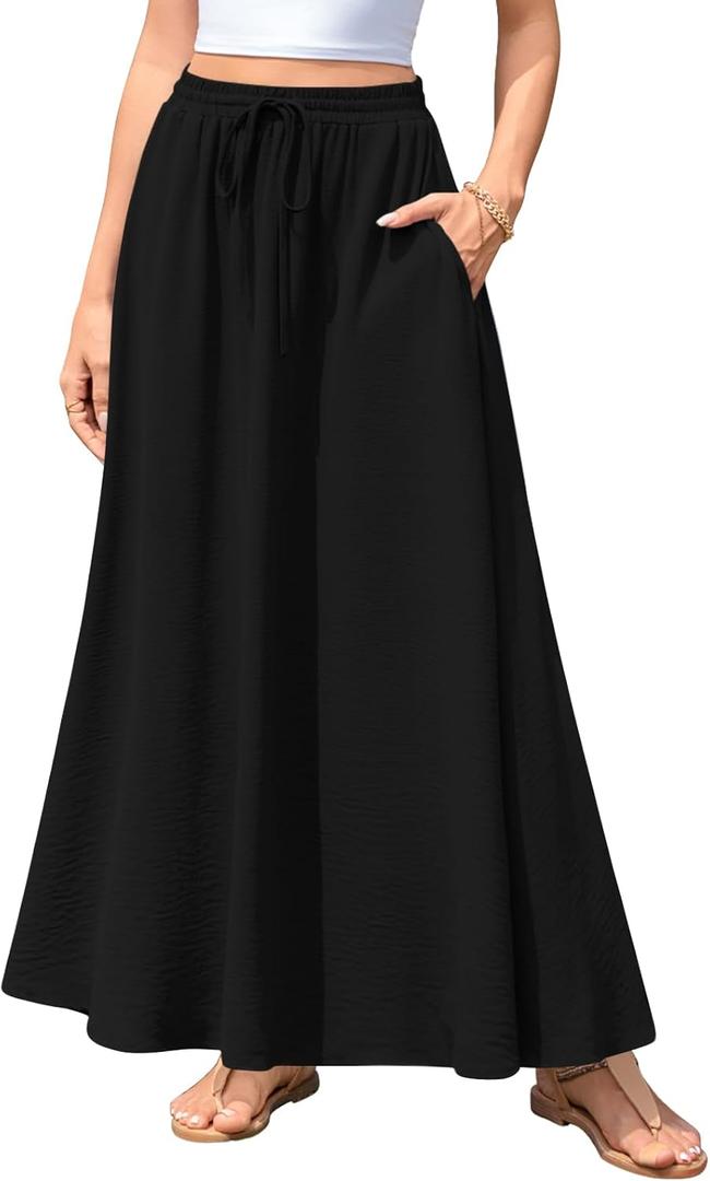 Aodemo Women's Flowy Maxi Skirt Summer Boho Pleated Elastic Waisted Casual Beach Long Skirts with Pockets (Black)