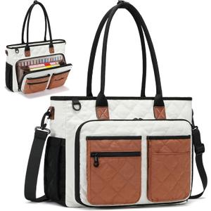 Teacher Tote Bag for Women, Large Teacher Work Bag with Accordion File Organizer Pocket, 15.6 inch Laptop Briefcase (Brown)