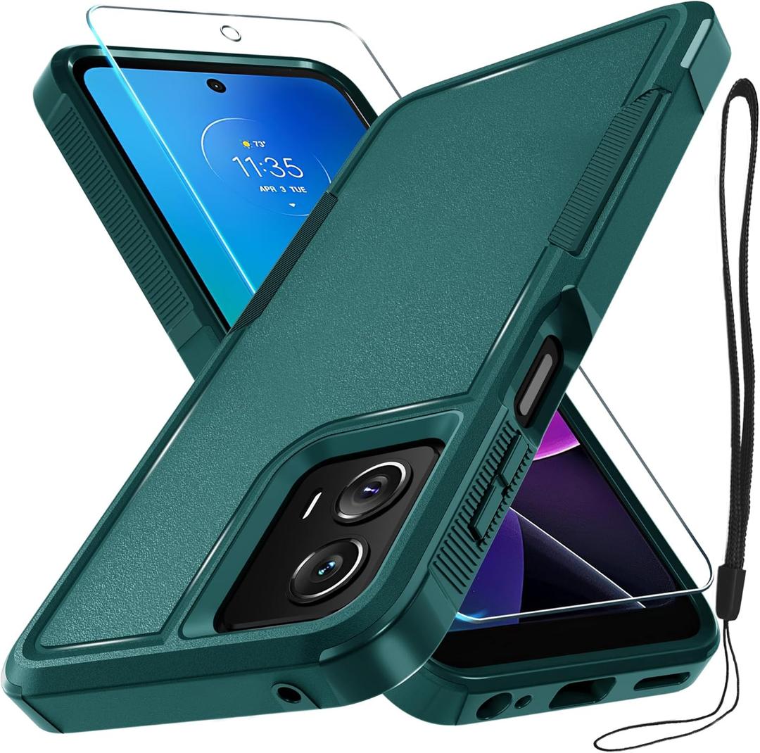 RMOCR for Motorola Moto G Power 5G 2024 Case, Full Body Heavy Duty Rugged Shockproof Protective Phone Cover with Lanyard Strap, Tempered Glass Screen Protector,Dark Green