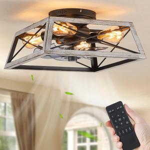 LEDIARY Ceiling Fans with Lights Remote Control, 22 Inch Farmhouse Caged Flush Mount Ceiling Fan Low Profile, Small Industrial Rustic Quiet Ceiling Fan with Remote for Bedroom, Kitchen, Indoor Home