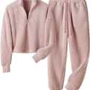 LTSCNRM Womens Fuzzy Pajamas Sets Lounge Fluffy Fleece Sleepwear Zip Up Pullover Pockets (X-Large, Mauve)